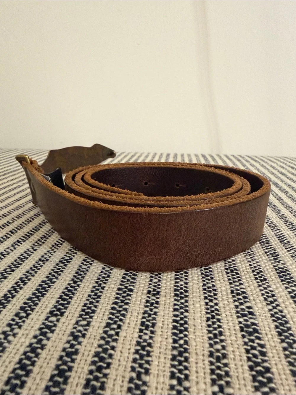 J Crew co. Vintage NYC Brown Leather Men's Belt with Whale Brass Buckle- medium